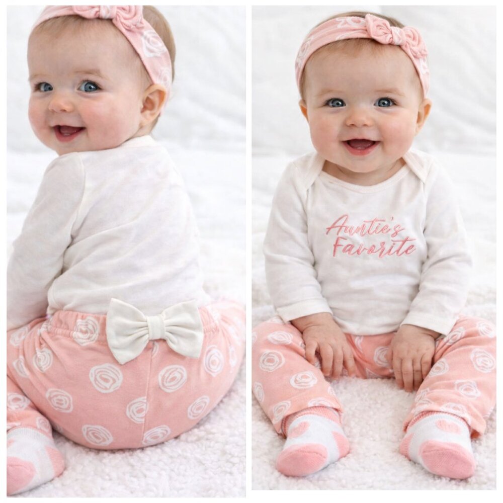Baby Essentials Outfit 6M Auntie’s Favorite Bodysuit Headband Pants Socks FLAWS!